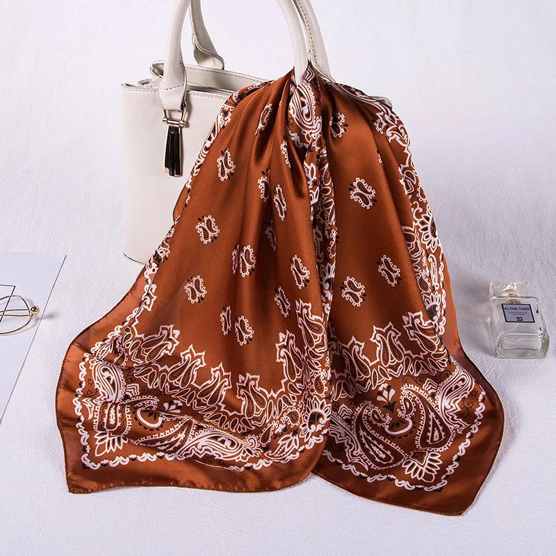Premium Ladies Jersey Satin Hijab 70*70CM Square Head Scarf Elegant Cashew Shawl Custom Printed Sun Screen for Summer Winter