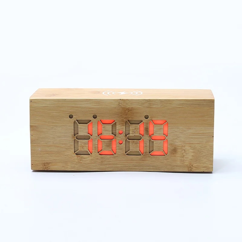 Bamboo Digital Desktop Alarm Led Wooden Table Clock with Wireless Charger