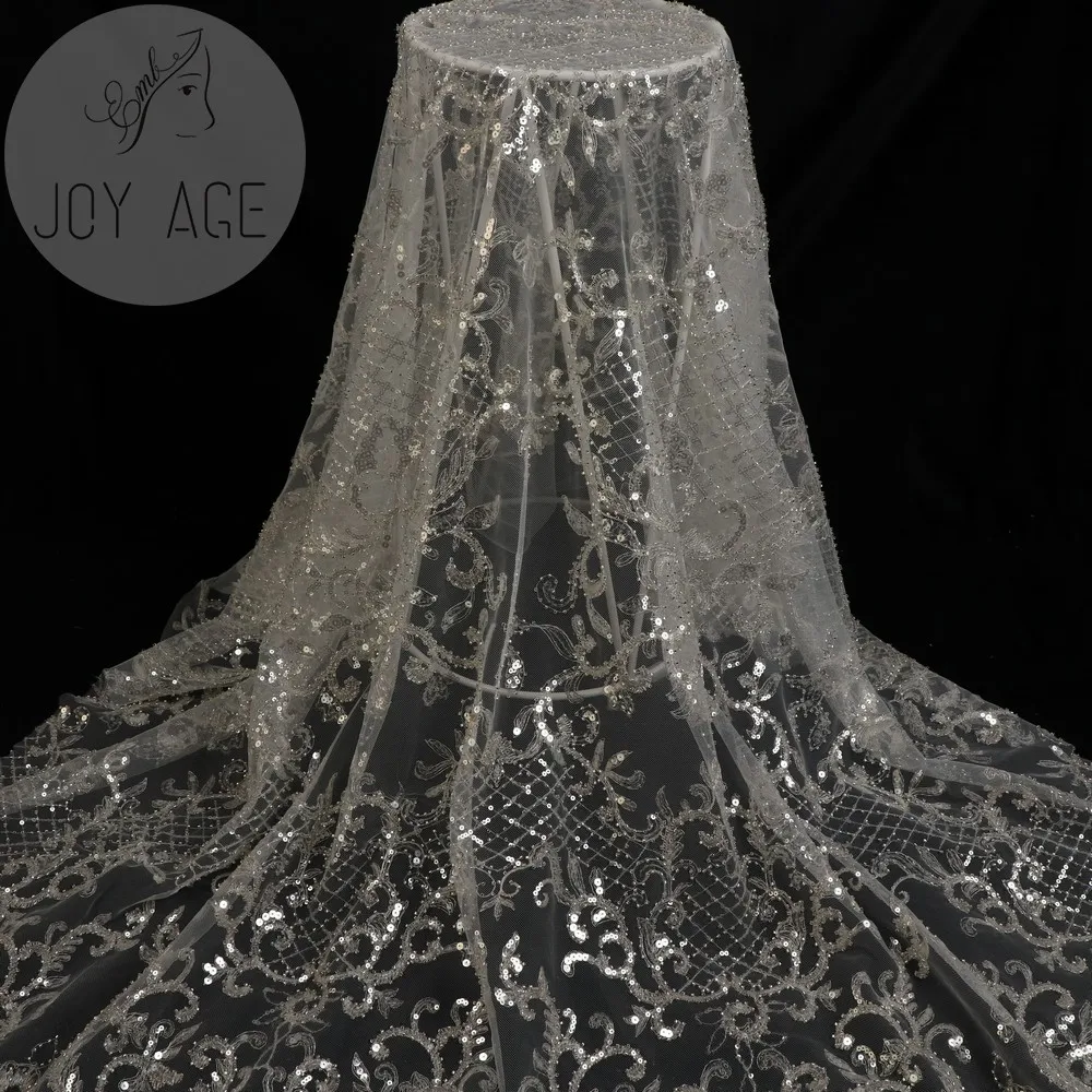 Expensive Wedding Luxury Crystal Sequin Beaded Heavy Flower Lace Trim White Net Embroidered Fabrics For Girl Dresses