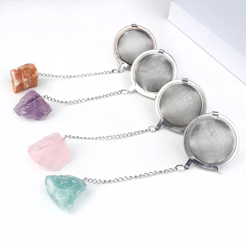 Wholesale natural raw crystal rose quartz  amethyst pendant Stainless steel tea infuser