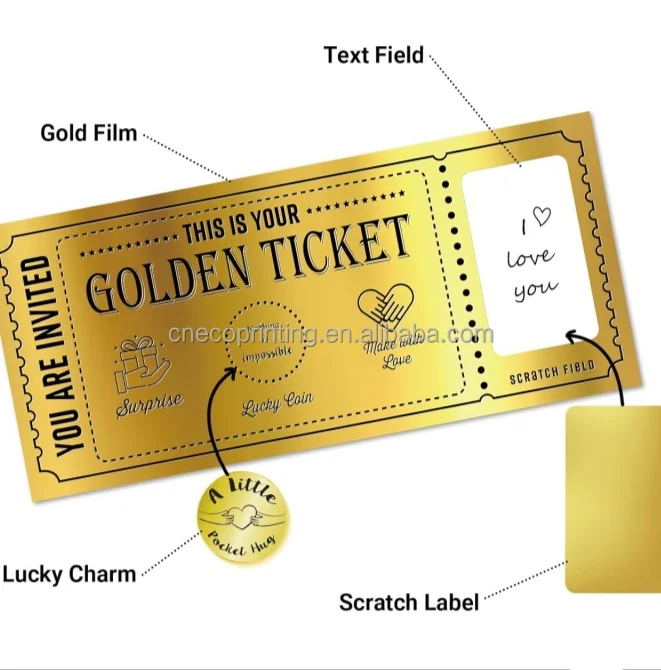 Custom Printing Gift Voucher Label Your Golden Ticket Scratch Sticker Card with Envelope