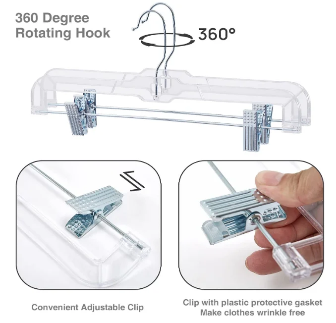 HOUSE DAY 25 Pack 14 inch Clear Plastic Skirt Hangers with Clips Skirt Hangers Clip Hangers for Pants Trouser Bulk Plastic Pan