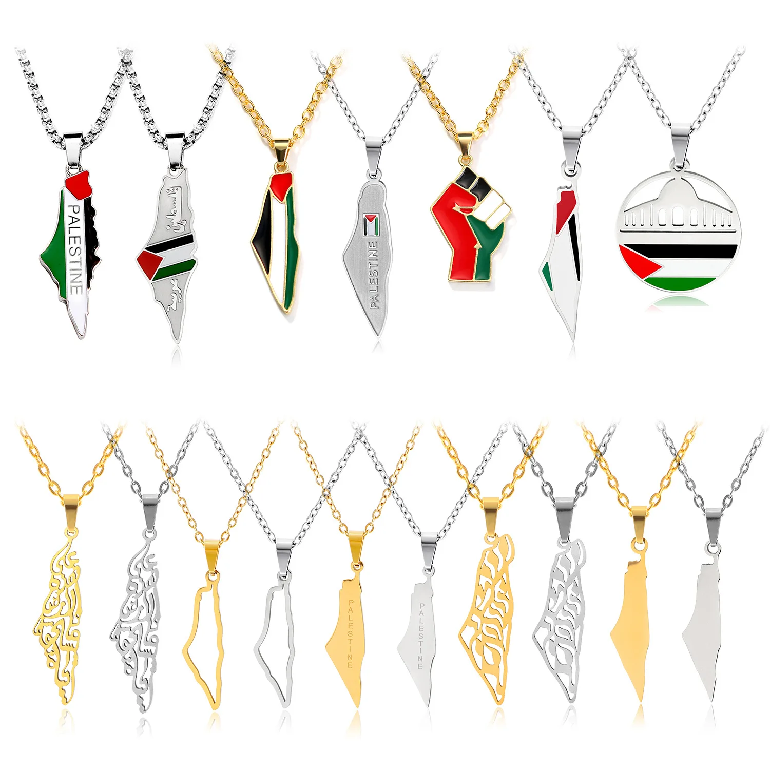 Wholesale Cheap Palestine Flag Map Necklace Stainless Steel Silver And Gold Palestine Pendant for Women and Men