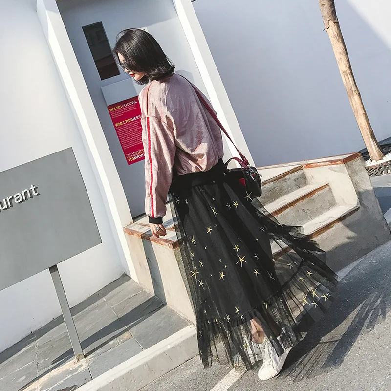 Summer high quality  korean embroidery fashion black long skirt