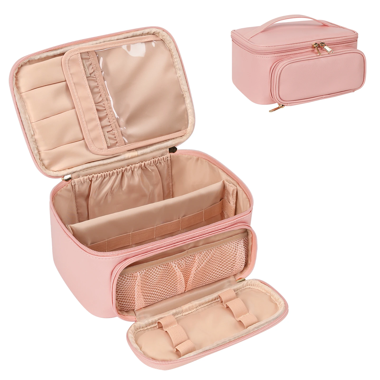 Relavel Large Single Compartment with Front Pocket Cosmetic Bag Crosshatch Pink, Front Opening Large Toiletries Storage Bag