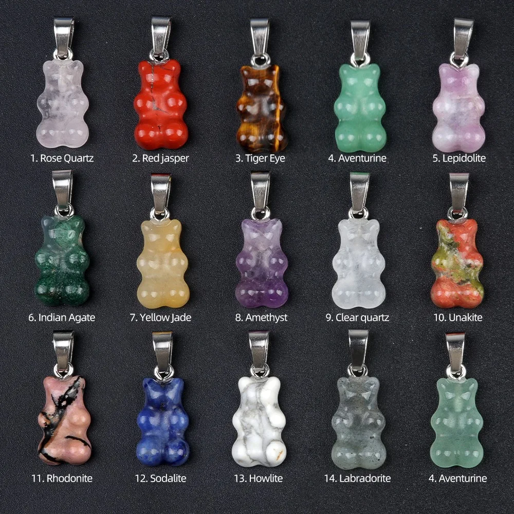 Natural Crystal Cartoon Mini Bear Pendant 10*18mm Tiger Eye Rose Quartz Gemstone Carved Bear Animal Charms For Jewelry Making