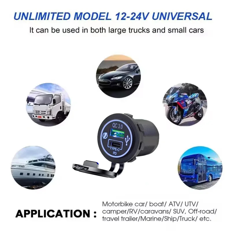 12V/24V Car USB Charger Socket PD Type C + QC 3.0 Power Outlet with Spring Cover Dual Ports Fast Charging for Motorcycle ATV RV