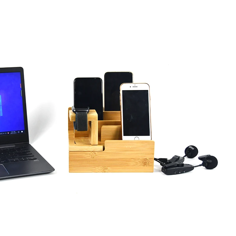 Bamboo And Wood Multi Device Manager Mobile Phone Stand Desktop Table Stand Storage Box