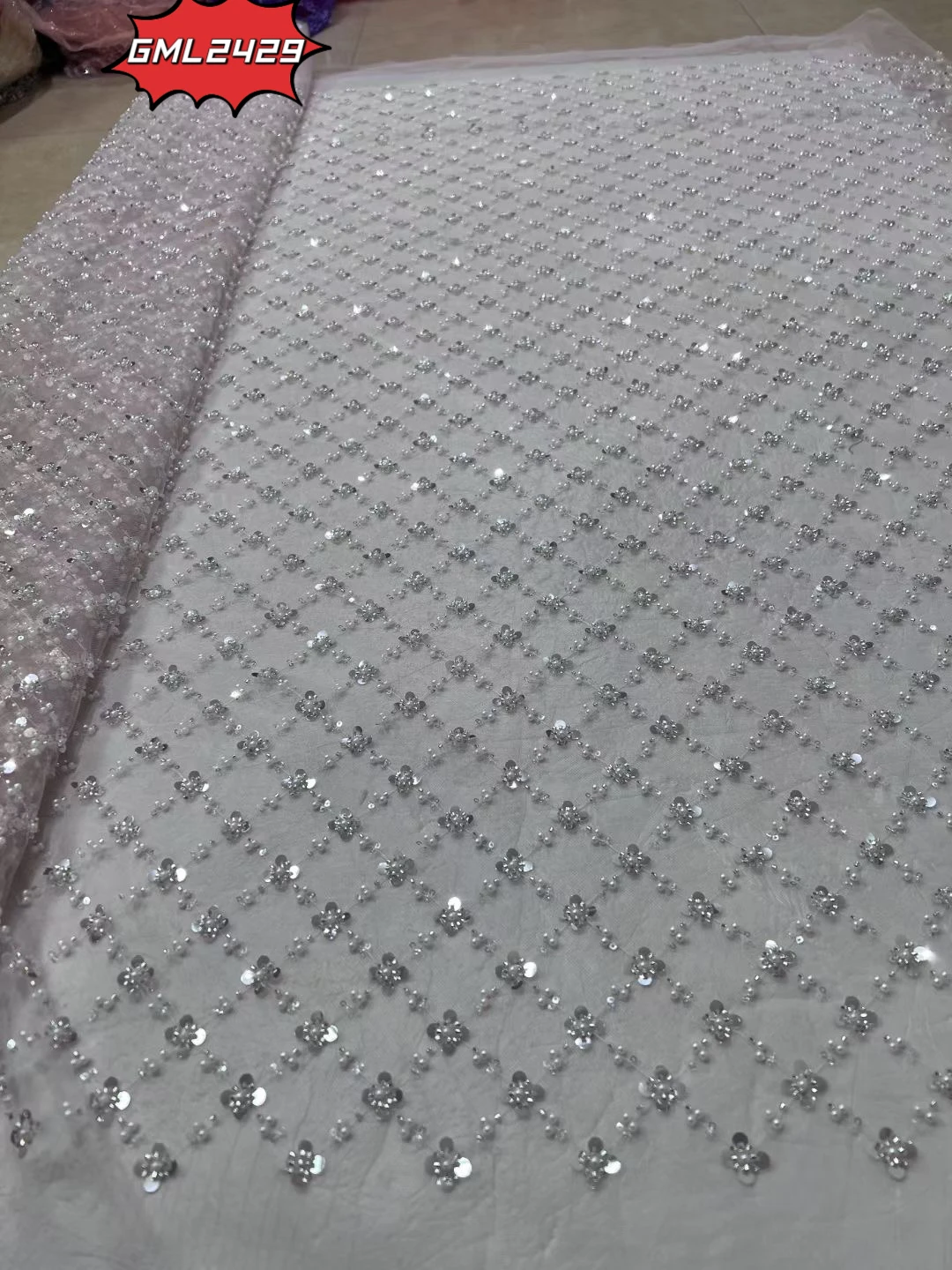 metallic lace fabric pink lilac lace French Lace bridal crystal sequins heavy white embroidery beads sequins For Wedding fabric