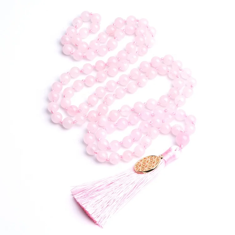 Fashion Natural Rose Quartz 108 Mala Prayer beads BeadedJewelry Gold Plated Heart Pendant Necklace Jewelry for women