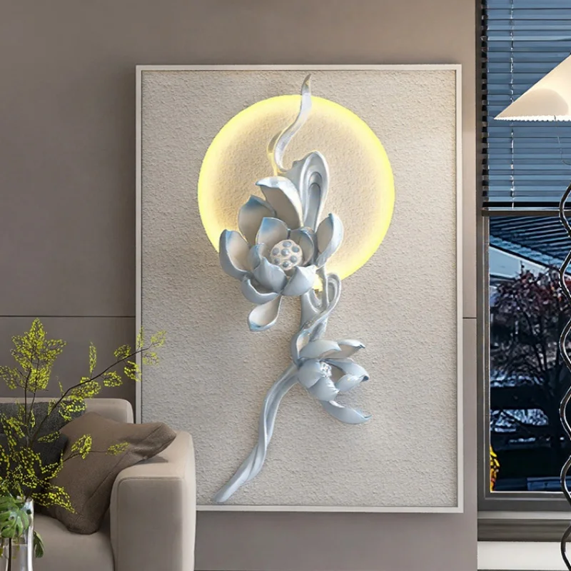 Modern Light Luxury Lotus Decorative Painting Three-Dimensional Relief Atmosphere Lamp Hotel Lobby Porch Hanging Paintings