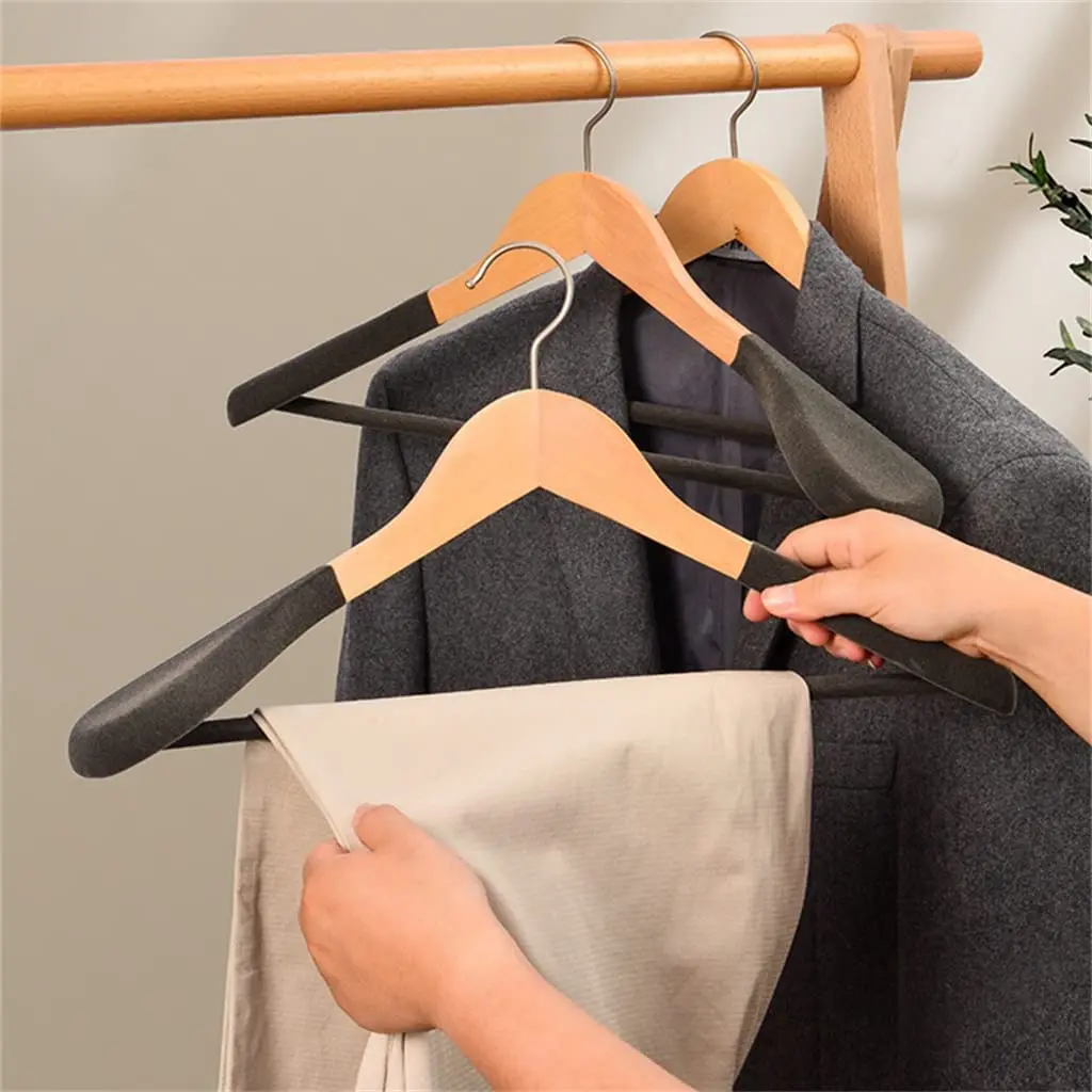 Customized Luxury Boutique Non Slip Wide Shoulder Flocking Wooden Coat Hanger For Clothing Shop