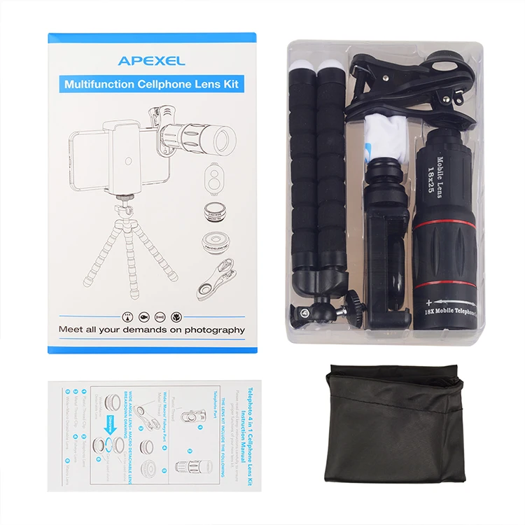 Multi-function telescope 18x wide angle fisheye macro Telephoto lens 5 in 1 Cell Phone Camera Lens Kit