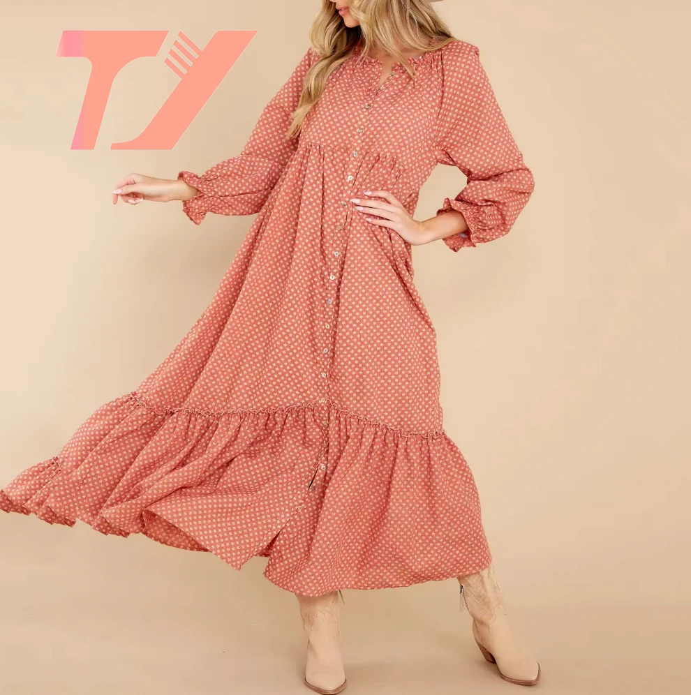 TUOYI New Ladies Autumn Extra Long Ladies Shirt Dress Long Sleeve O Neck Casual Rust Dot Print Maxi Dress
