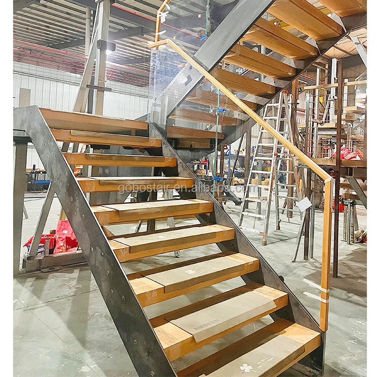 Top Quality Steel Straight Staircase Oak Solid Tread Glass Railing Wooden Handrail Post Bracket Outdoor Floating Stair