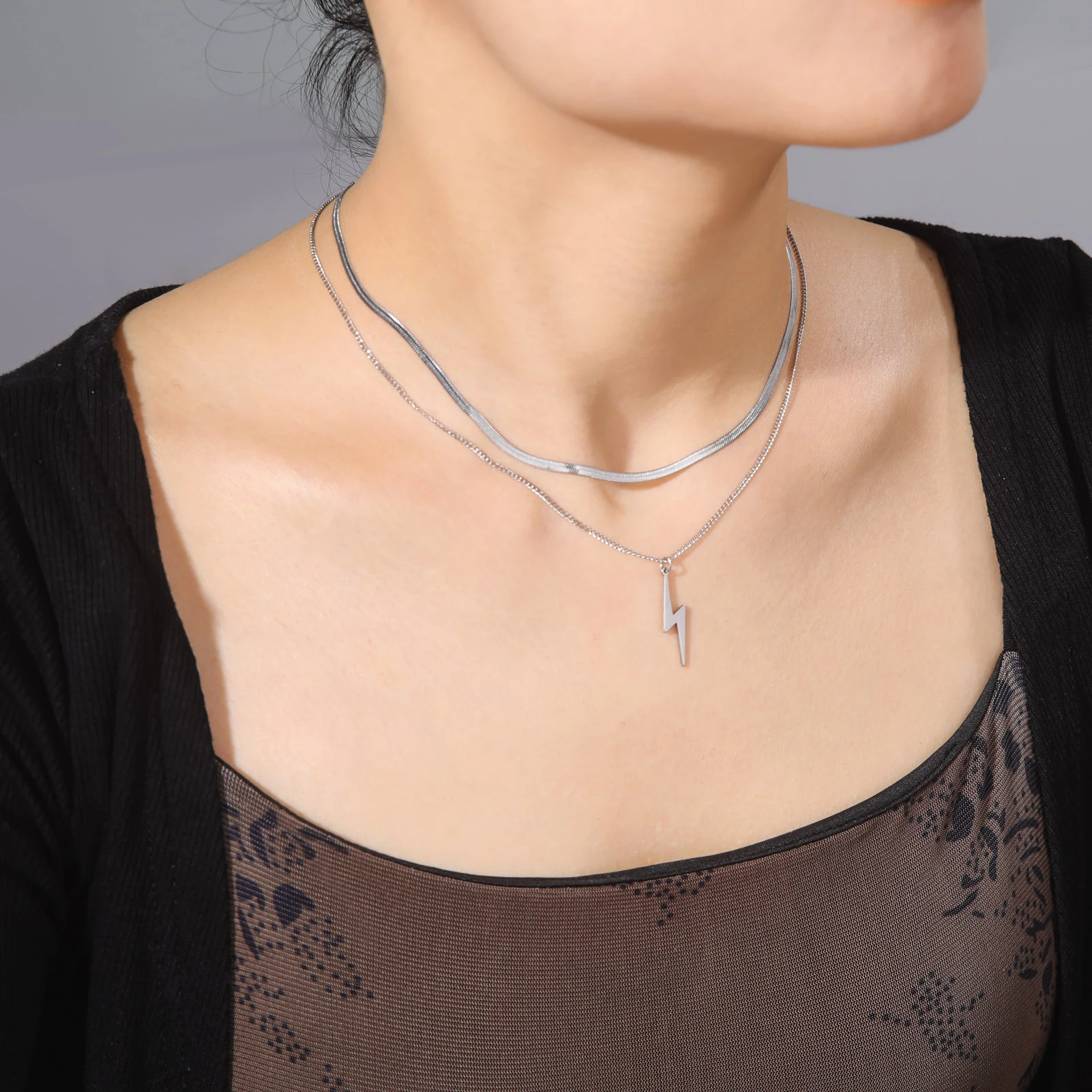 Lightning Bolt Pendant Necklace Double Layer Fashion Dainty Snake Link Chain Stainless Steel Jewelry