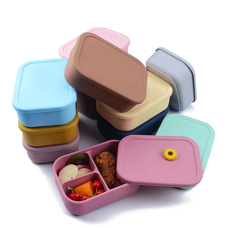 Custom Logo Portable 800ml 3 Compartment Silicone Bento Lunch Box Containers Bpa Free Silicone Lunch Box For Kids