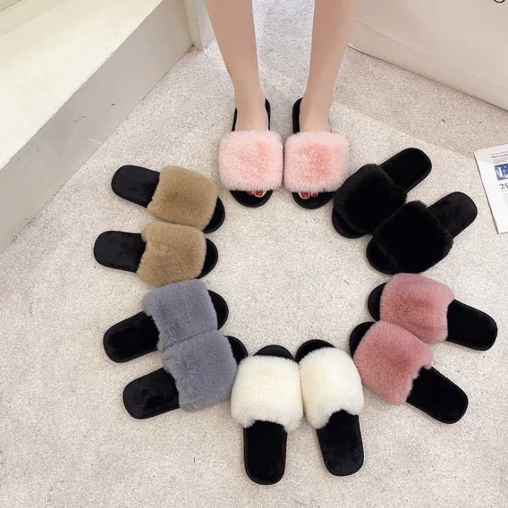 New style large size furry indoor flat-bottomed rabbit fur cotton slippers 2124
