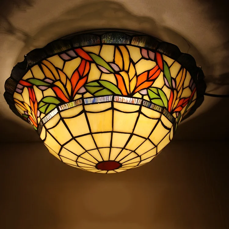 LongHuiJing Tiffany Style Flower Flush mount Lamp Antique ceiling Lamps Stained Glass Handcrafted Lights