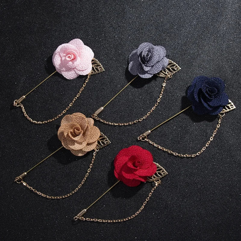 Promotional tassel chain hand made fabric rose flower brooch lapel pin for groomsmen