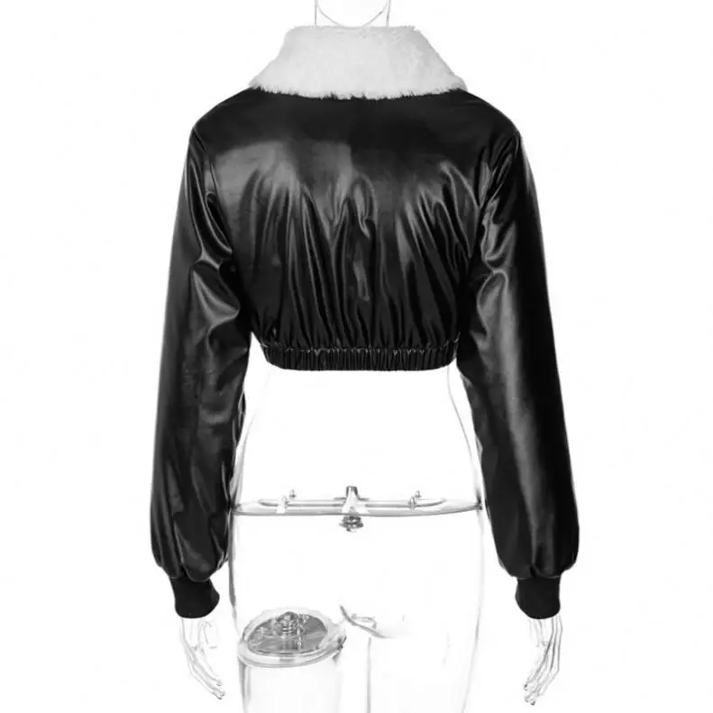 Leather Fur Turn Down Collar Long Sleeve Zipper Cropped Cotton Coats 2021 Winter Women Streetwear Windbreak Moto Jacket