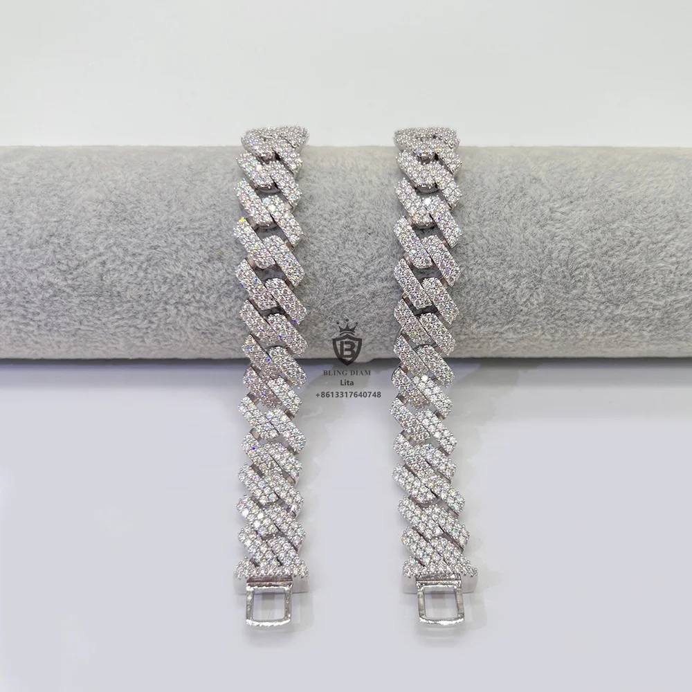 Popular design custom clasp gra certificate moissanite diamond 15mm cuban link sterling silver hip hop bracelets for mens