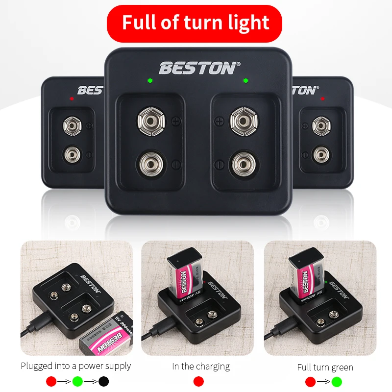 BESTON 2 bay smart 9V Rechargeable  LI-ion Lithium Battery charger plus 9V 800mah battery kits