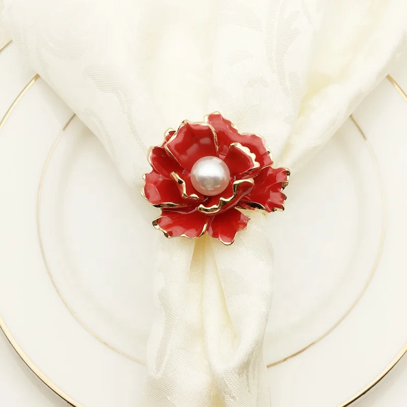 Popular Pearl Flower Napkin Rings Gold Metal Napkin Ring Holder Red Enamel Flower Wedding Napkin Rings HWW04