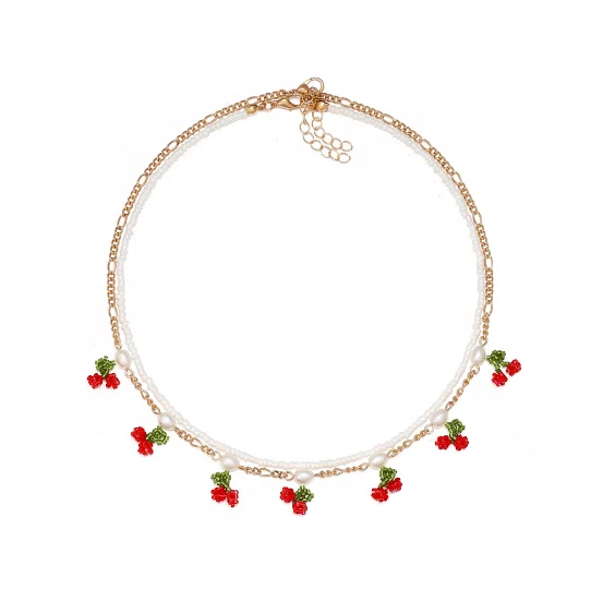 Cherry Choker Delicate Beaded Necklace Short Pearl Fruit Charms Colorful Beaded Necklace Multi Layering Hand Woven Necklace