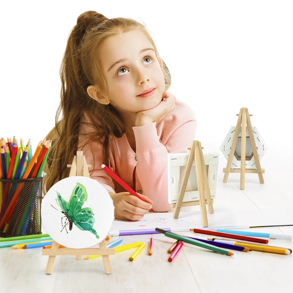 Wooden Easel Set 9x16cm Easel Stand With 10x10cm Mini Canvas Painting Kits For Kids