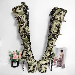20CM Tacones Mujer Talons Femmes Camouflage Shoes Sexy Over-the-knee Thigh High Heels Pole Dance Shoes Platform Boots For Women
