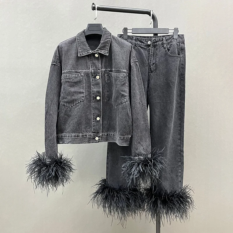High Quality Long Sleeve Denim Jacket Pants Women Feather Trim Denim Two Piece Sets