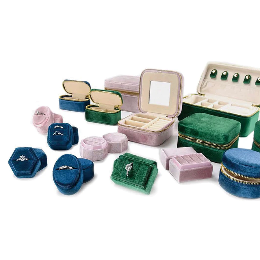 Low MOQ wholesale square shaped zipper lock portable bracelet earring necklace ring boxes velvet jewelry packaging storage box