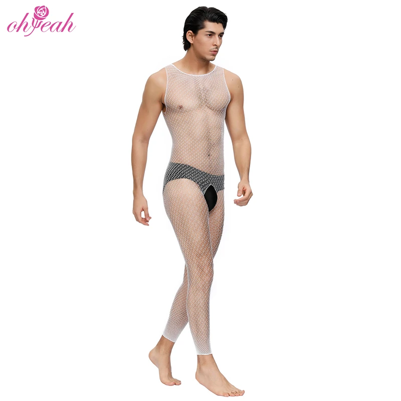 Оптовая продажа с длинным рукавом белые прозрачные сексуальные сетчатые мужские чулки