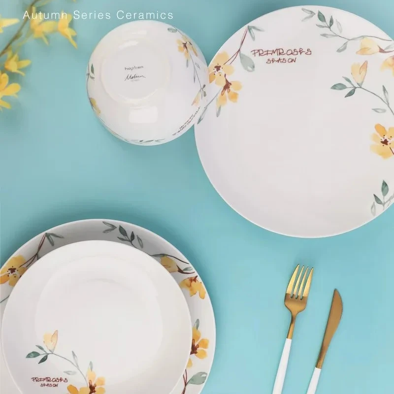 Ceramic Yellow And White Flower Plate 12 /16 Piece Round Plate Turkish Porcelain Dinnerware Set