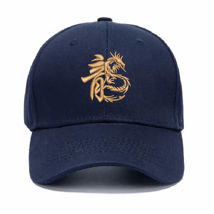 Custom Highly Advanced Black Navy Blue Baseball Cap with Gold Thread Dragon Embroidery Logo