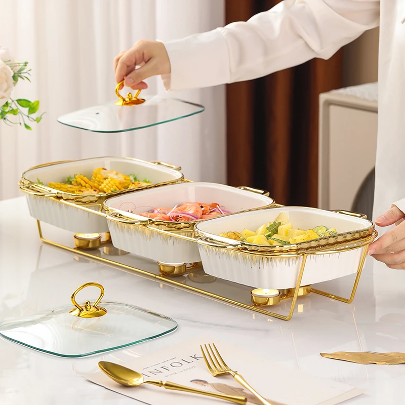 Wholesale 2024 new High Quality Ceramic Chafing Dish Casseroles Hot Pot Food Warmer Sets Of 3 Porcelain