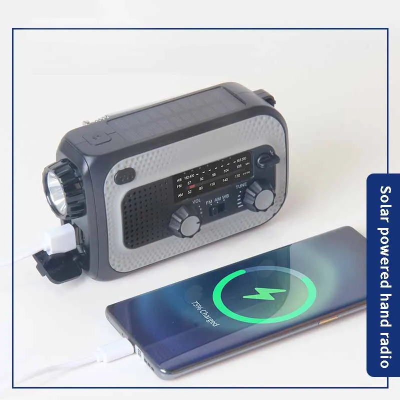 Fashion portable outdoor home radio can be hand-cranked AM/FM radio with weather forecast and three-speed dimmed flashlight