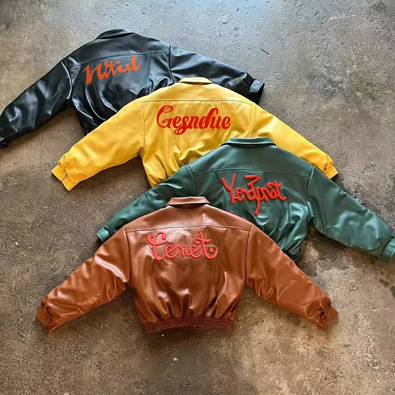 Clothing Manufacturers Chenille Embroidery Logo Graphic Embossed Elastic Waistband Cuffs Washed Black Leather Vintage Pu Jacket