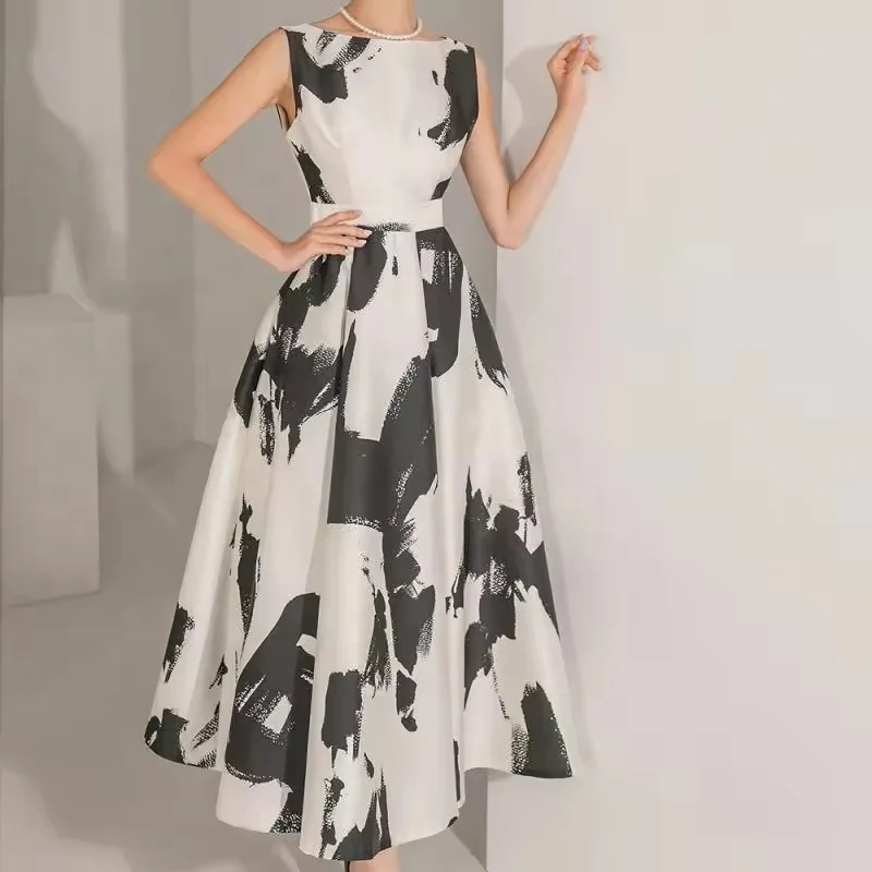 2024 Korea Style Summer New Ink Art Print Crew Neck Sleeveless High Waist A-line Dress Women Casual Dress