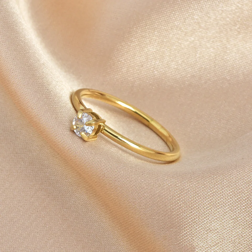 Minimalist 18K Gold Plated Stainless Steel Diamond Engagement Ring Jewelry  Round Cubic Zirconia Wedding Rings for Women