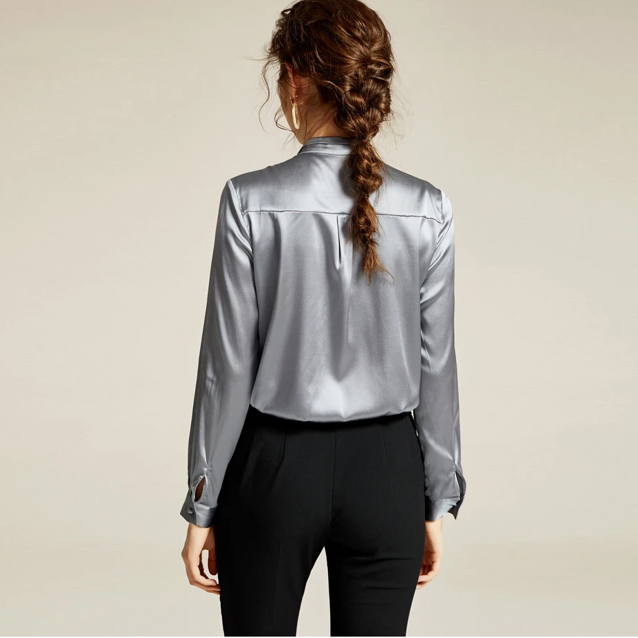 New Spring 2020 Pure Silk Stand Collar Ruffle Patchwork Long Sleeve Shirt Casual Office Blouse For Ladies