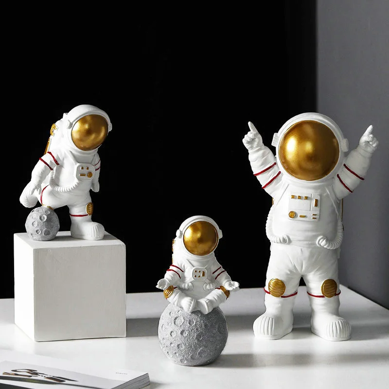 home decor artificial resin astronaut figurines modern spaceman with moon sculpture statues decorative arts and crafts for kids
