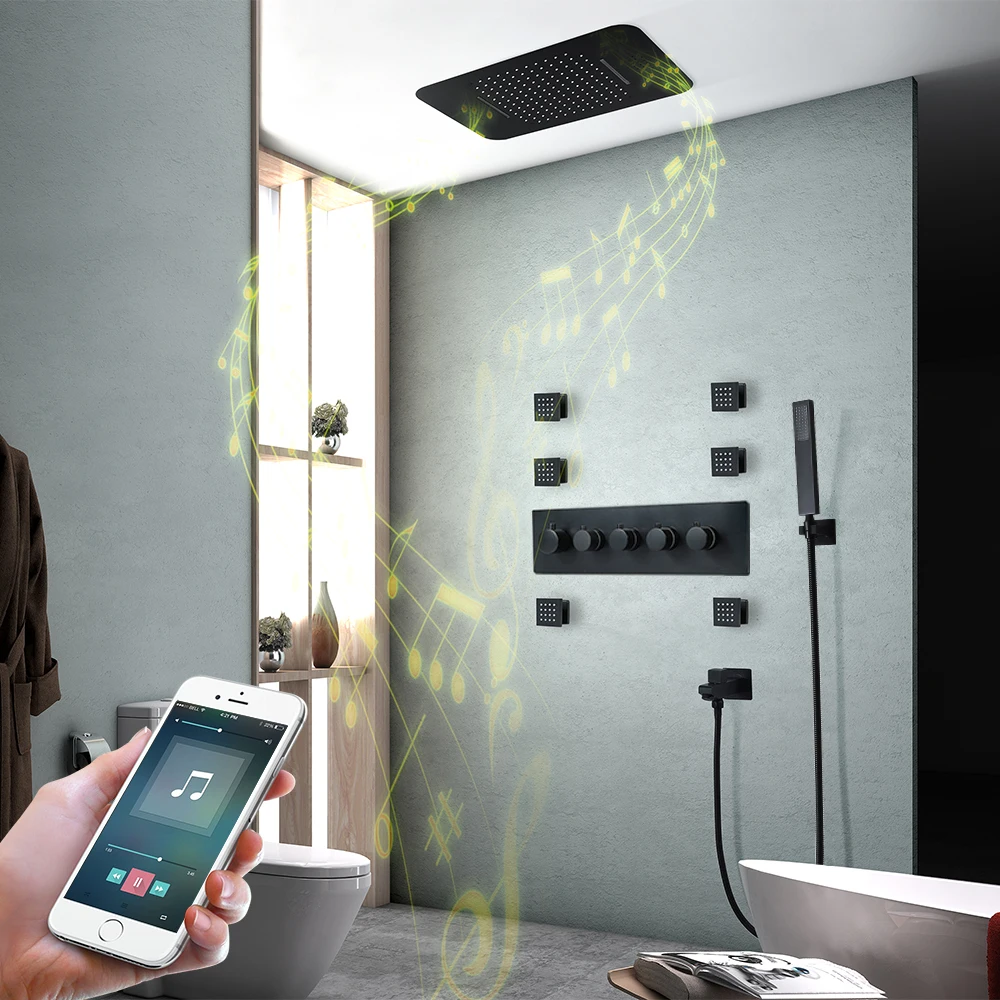 HIDEEP Ceiling Embedded 580*380mm Rain an Waterfall Shower Head Thermostatic Main Body Black LED Music Shower Faucet Set
