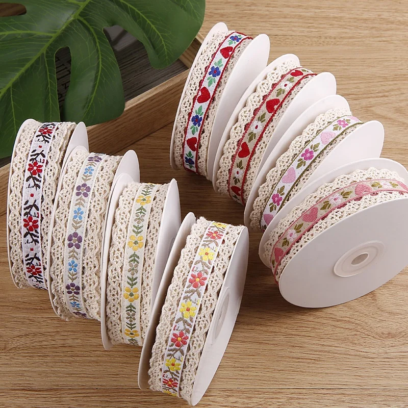 1 inch 2.5cm Mexico flower Embroidered printed lace cotton ribbon handmade bow dress clothing hat accessories flower wrap ribbon