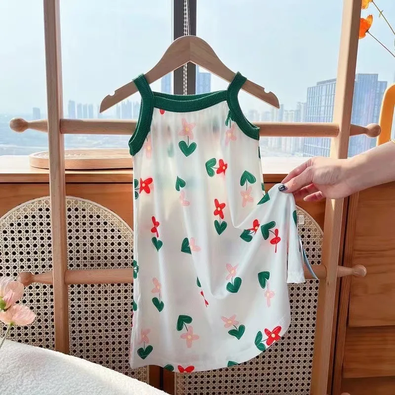 Korean Clothes Summer Baby Toddler Girl Dresses 4 years Suspender Dress Children Floral Ice Silk Princess Girls Puffy Dresses