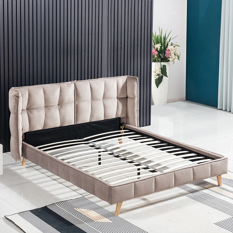 factory direct export king size soft  headboard customize wood frame upholstered bed with wings  from China