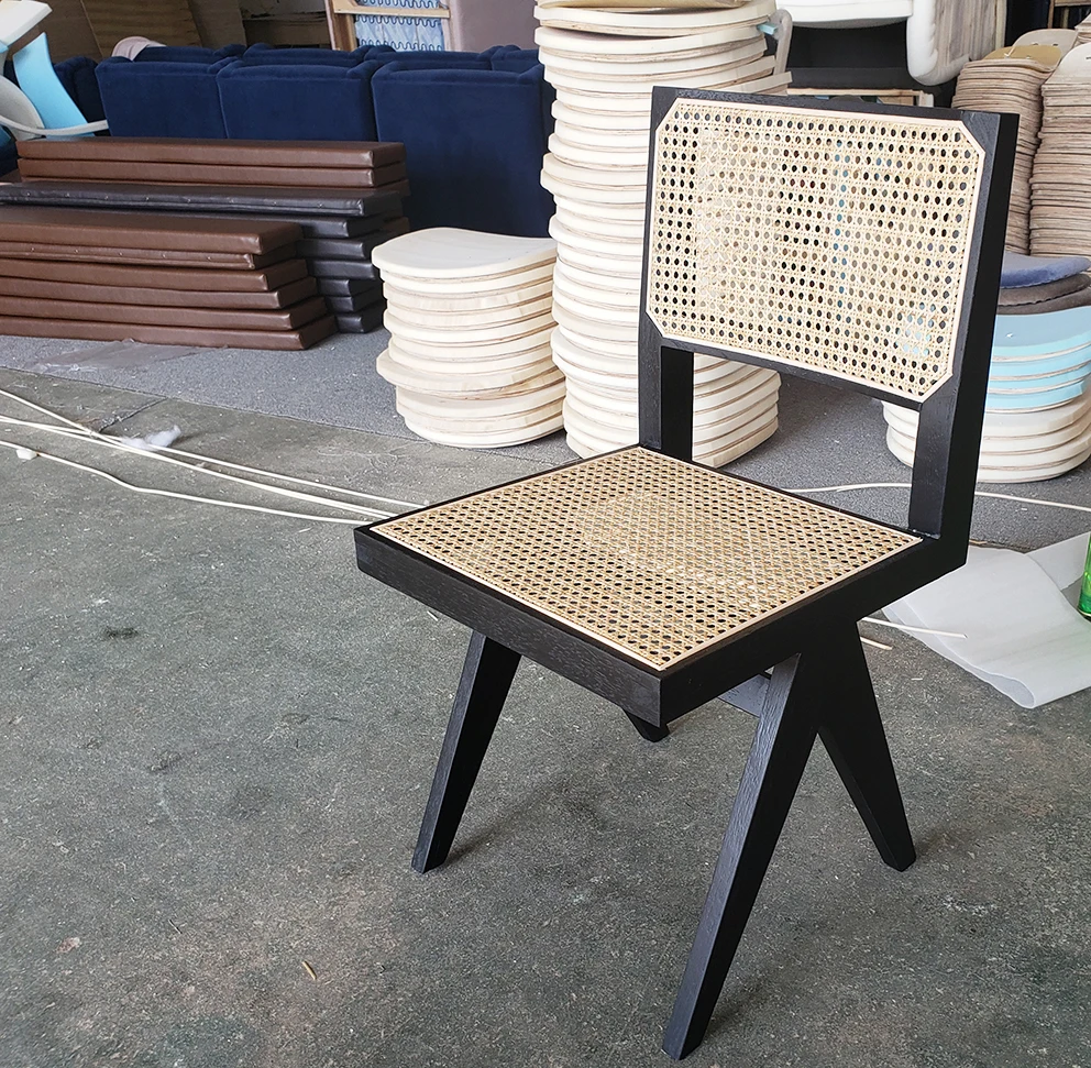 Mrs Woods Modern Nordic Style Black Oak Wooden Dining Room Chair With Rattan Back And Base