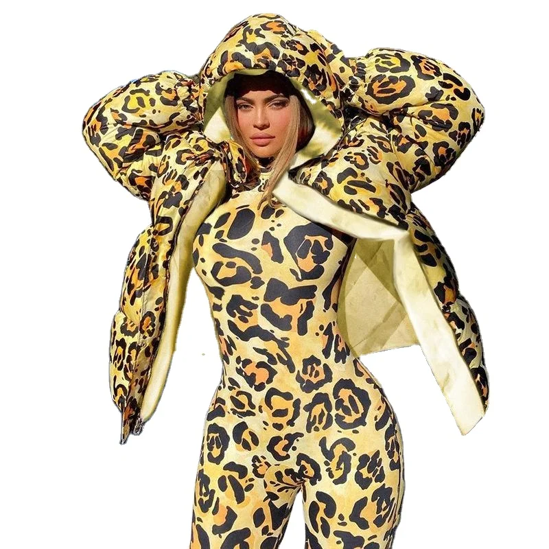 B3185 New Stylish Winter Leopard Printed Long Sleeve Bubble Coats Fashion Hoodie Puffer Down Jacket for Women and Girls