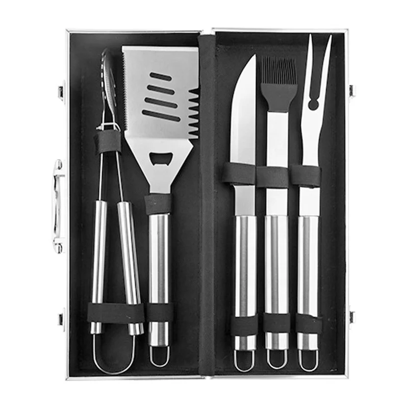 5 pcs big handle griddle accessory stainless steel camping portable outdoor cooking utensils barbecue grill bbq cooking tool set